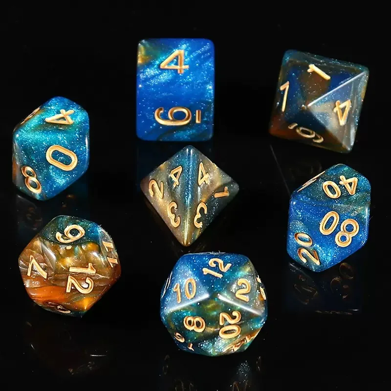 Wholesale Blue & Gold Galaxy Acrylic Dice — Two-tone blue and gold galaxy acrylic with glitter, gold ink.