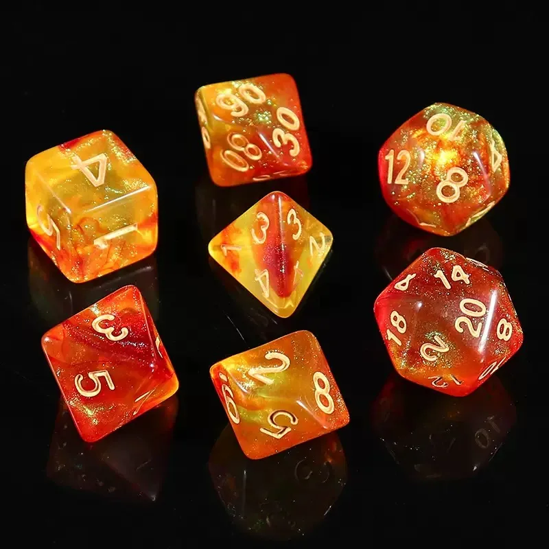 Wholesale Fire Galaxy Acrylic Dice — Orange, red and yellow fire-galaxy acrylic with glitter, gold ink.