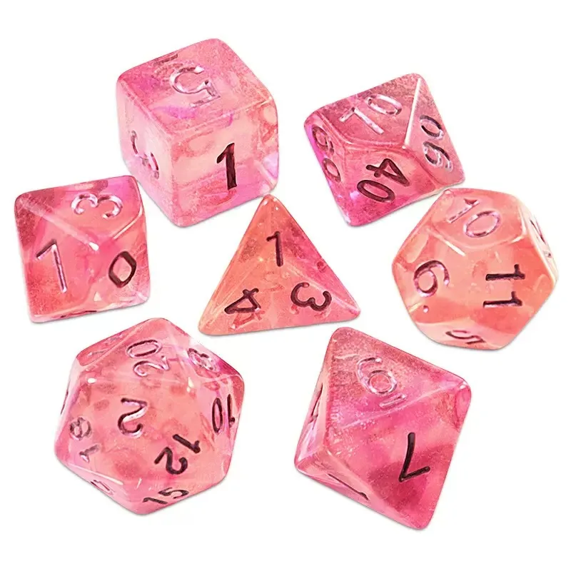 Wholesale Pink Glow Acrylic Dice — Translucent rose-pink acrylic with a soft glow and black ink.