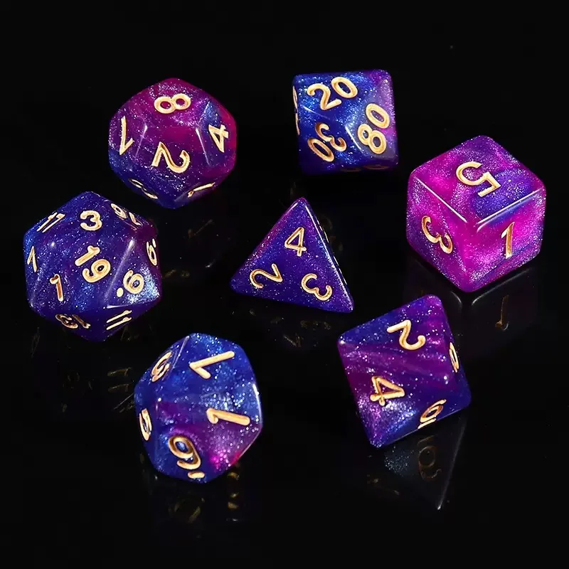 Wholesale Purple Galaxy Acrylic Dice — Purple, blue and magenta galaxy acrylic with glitter, gold ink.