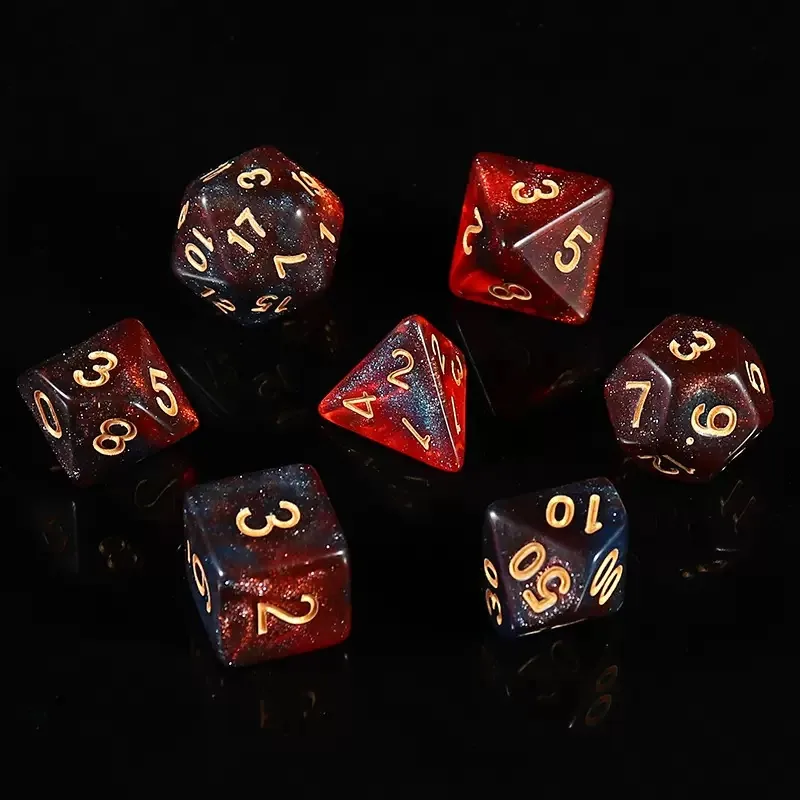 Wholesale Red Nebula Acrylic Dice — Deep red-and-black nebula acrylic with fine glitter, gold ink.