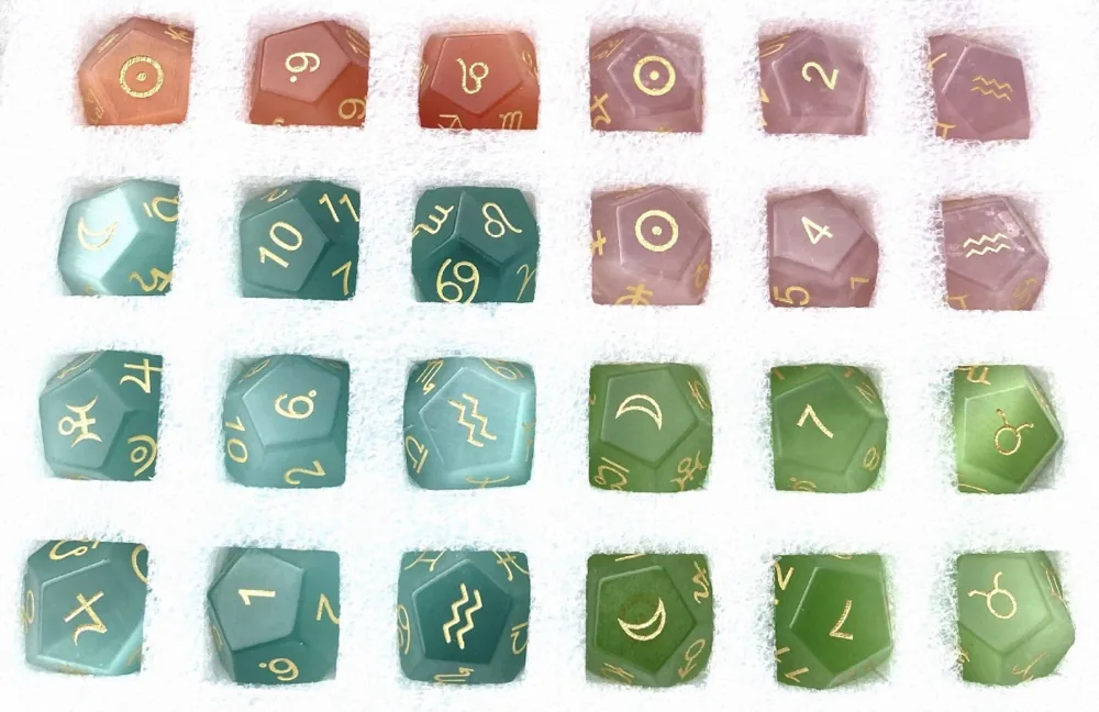 Custom crystal divination dice — astrology, rune and oracle dice cut from natural gemstone by the CuiShen factory in Dongguan, China