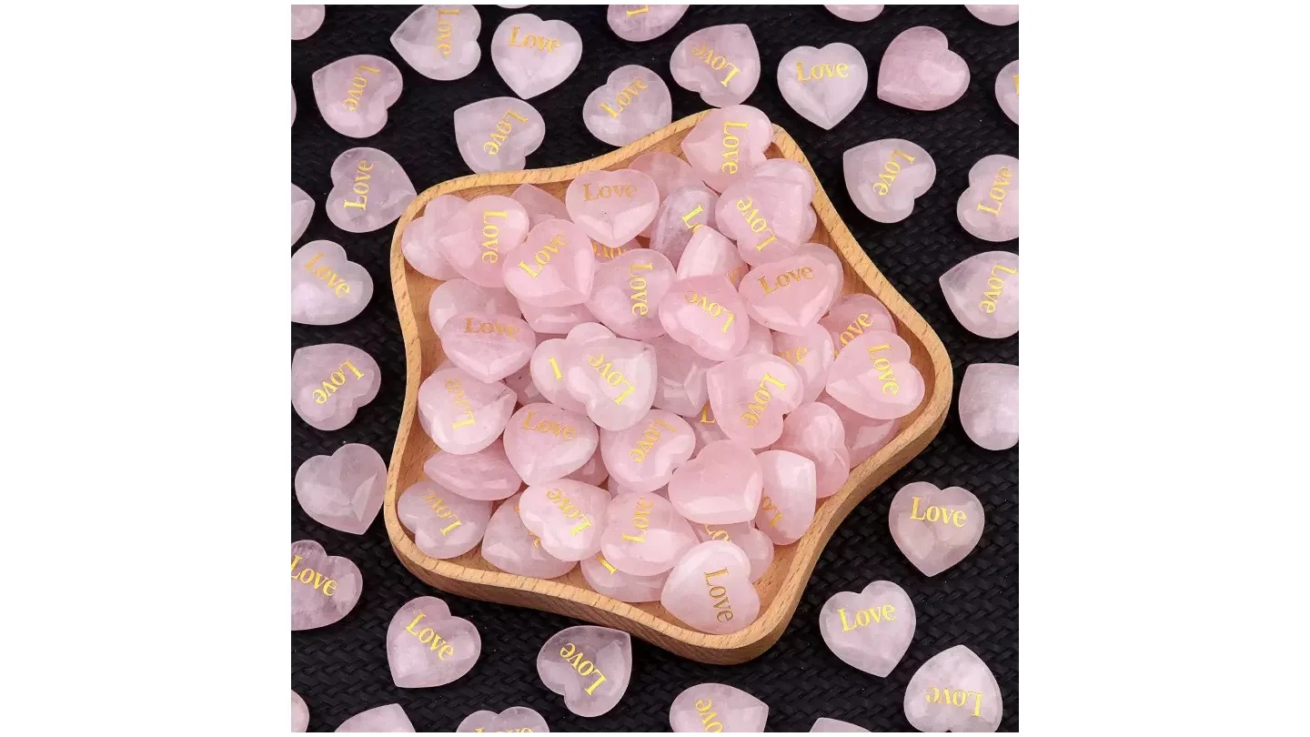 Engraved Rose Quartz Hearts — Rose quartz · Gold-coloured LOVE lettering