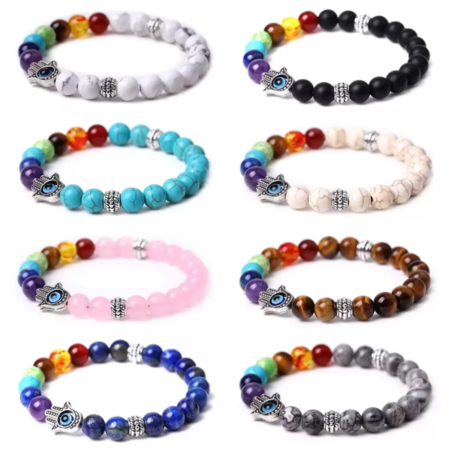 Wholesale 7 Chakra Evil Eye Hamsa Bracelets — Seven-chakra stones with a Hamsa hand and evil-eye charm — a top seller.