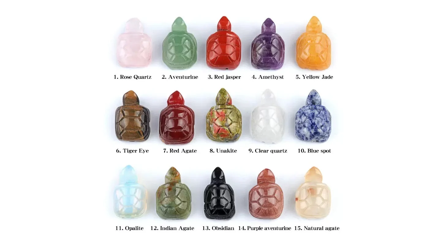 Gemstone Turtle Figurines — Rose Quartz · Aventurine · Red Jasper · Amethyst · Yellow Jade · Tiger Eye · Red Agate · Unakite · Clear Quartz · Blue Spot · Opalite (man-made glass) · Indian Agate · Obsidian · Purple Aventurine · Natural Agate