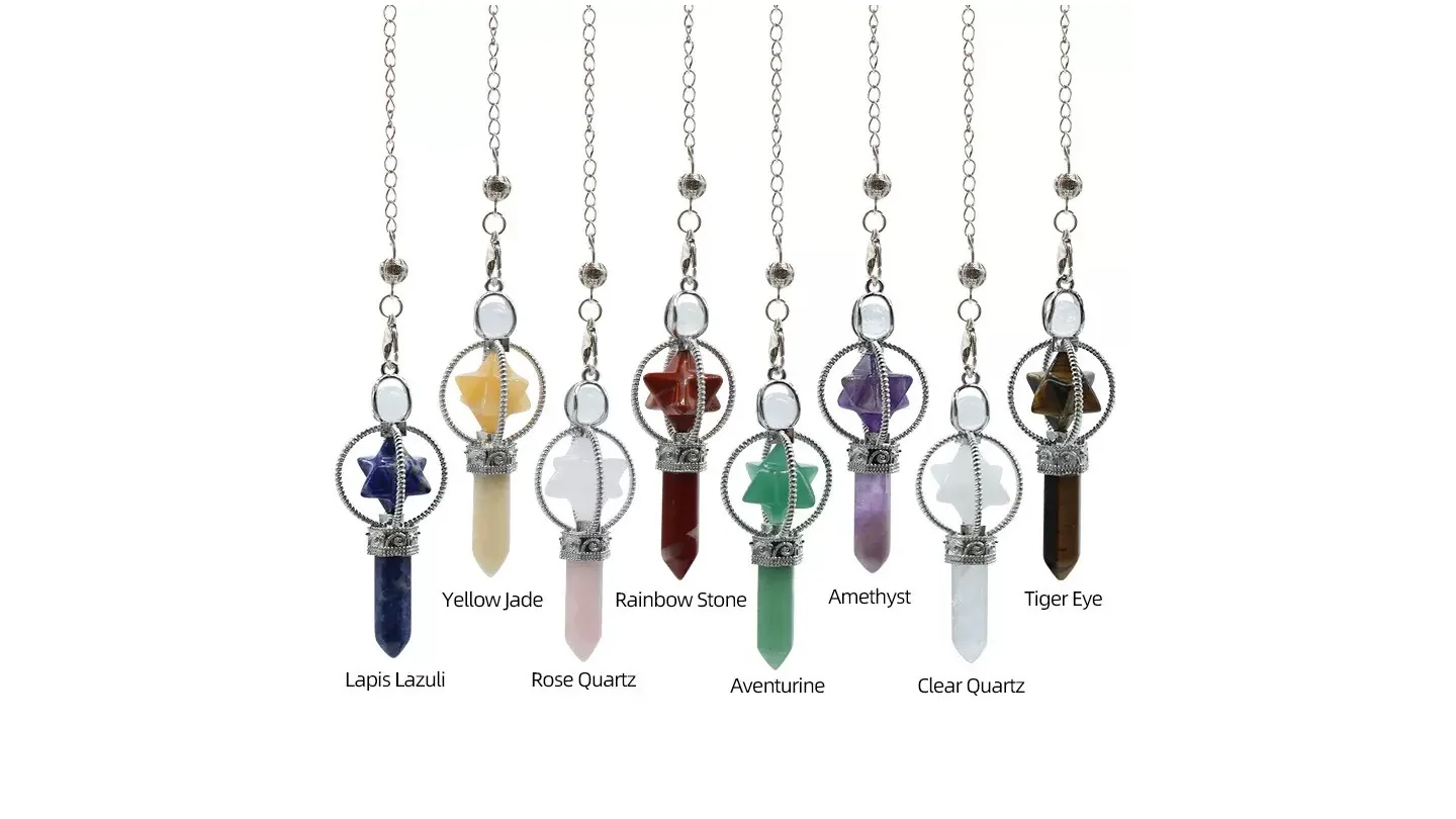 Merkaba Gemstone Pendulums — Lapis Lazuli · Yellow Jade · Rose Quartz · Rainbow Stone · Aventurine · Amethyst · Clear Quartz · Tiger Eye