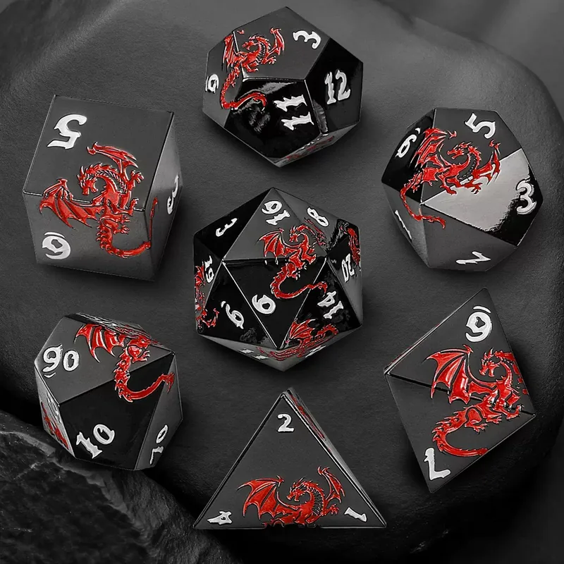 Wholesale Black Red Dragon Metal Dice — Solid black metal with a raised red dragon and white numbers.