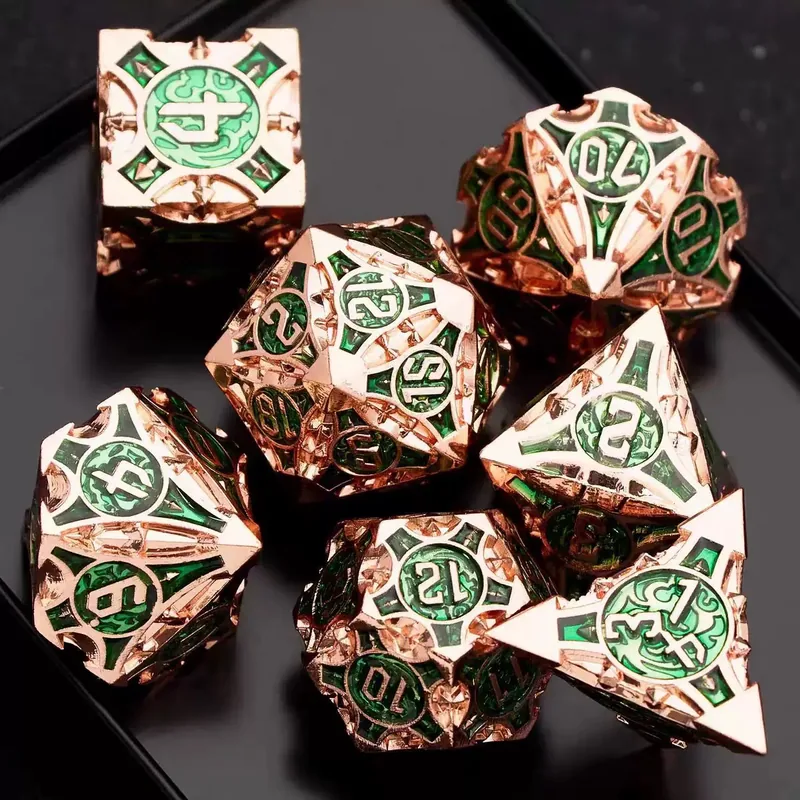 Wholesale Copper & Green Hollow Dragon Metal Dice — Openwork copper-tone metal with green enamel and a dragon motif.