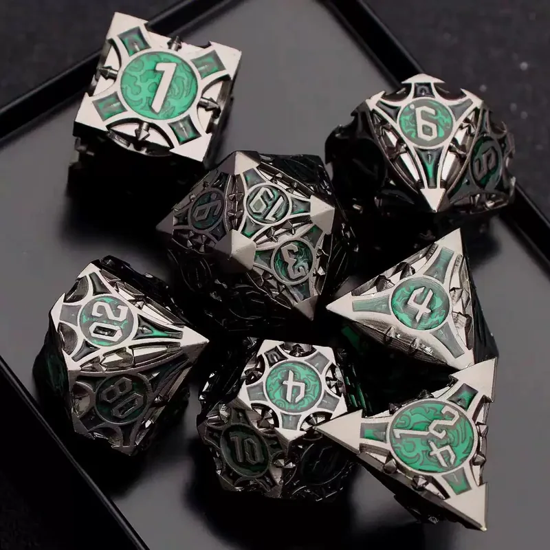 Wholesale Gunmetal Green Hollow Metal Dice — Openwork gunmetal-black metal with teal-green enamel, silver ink.