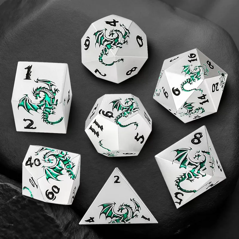 Wholesale Silver Green Dragon Metal Dice — Solid silver metal with a green dragon relief and black numbers.