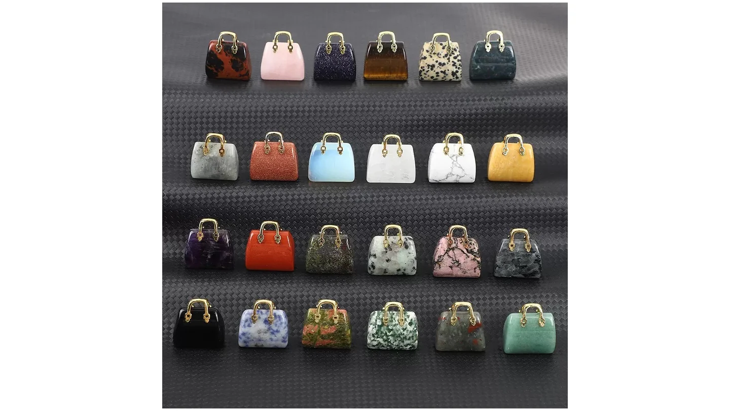 Mini Gemstone Handbag Pendants — Rose quartz · Amethyst · Additional material options confirmed on request · Gold-coloured handles