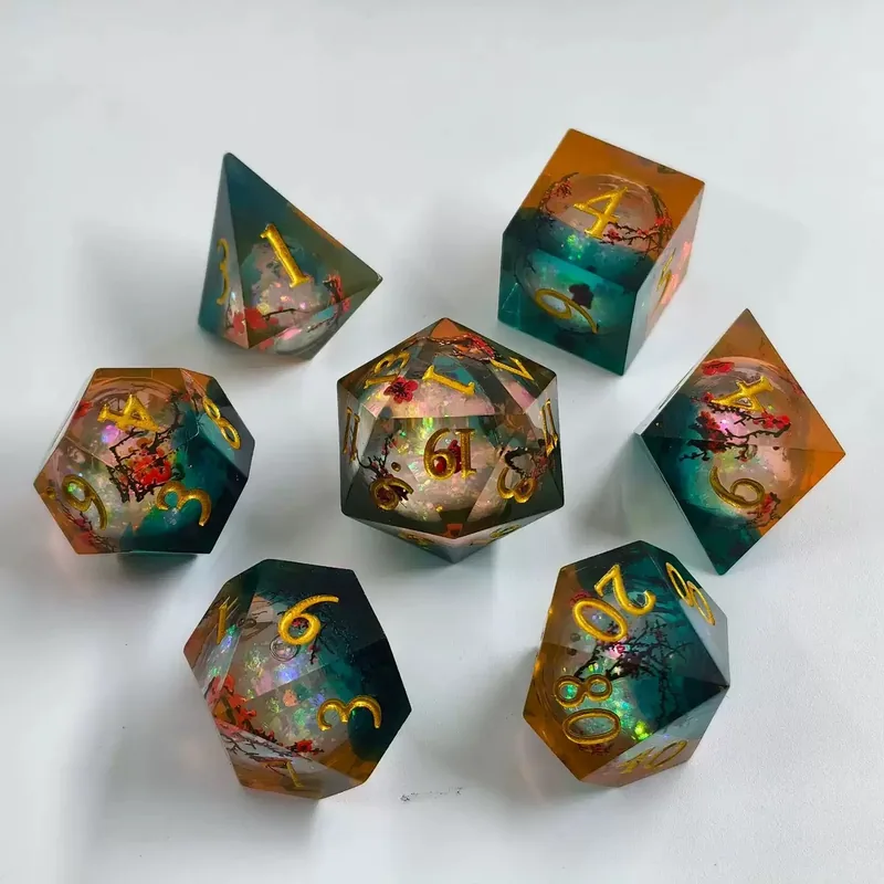 Wholesale Teal & Amber Plum Blossom Resin Dice — Two-tone teal and amber sharp-edge resin with plum-blossom inclusions, gold ink.