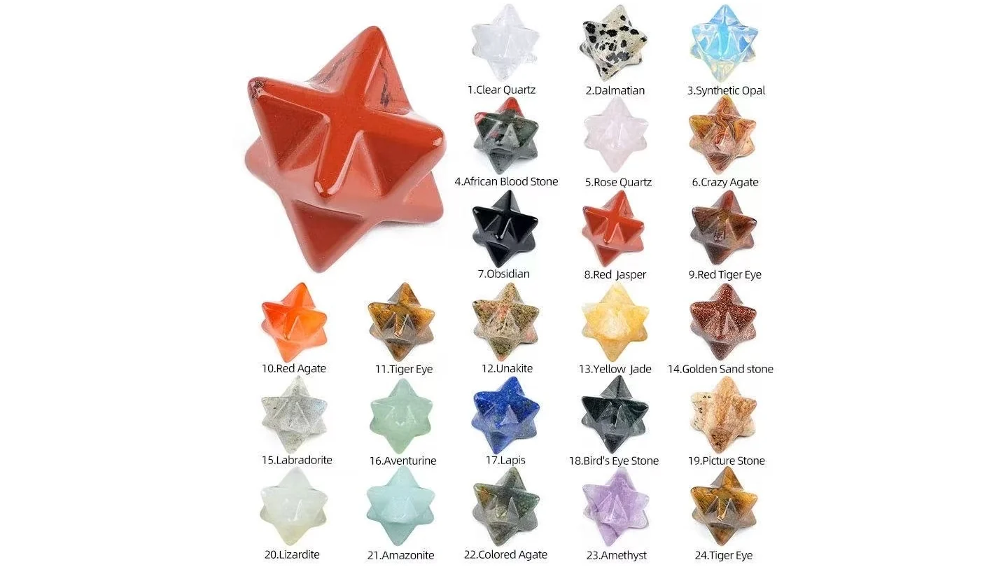 Undrilled Gemstone Merkaba Stars — Clear Quartz · Rose Quartz · Amethyst · Obsidian · Tiger Eye · More pictured options · Synthetic Opal (man-made) · Golden Sand Stone / goldstone (man-made glass)